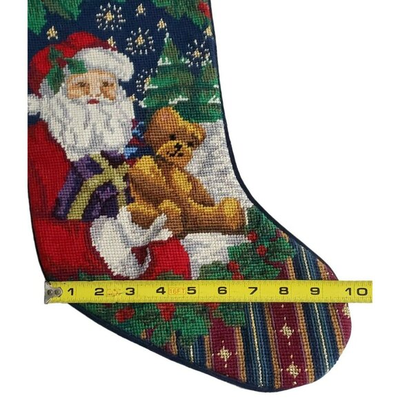 Santa Needlepoint Christmas Stocking Wool Teddy Bear Tree Holly Blue Velvet 18" - Picture 9 of 10